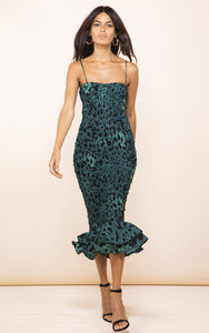Luiza Sheering Dress in Green Leopard